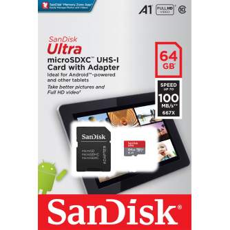 Memory Cards - SanDisk memory card microSDXC 64GB Ultra 100MB/s A1 + adapter - quick order from manufacturer