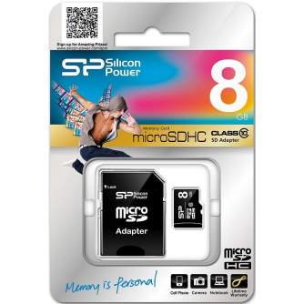 Atmiņas kartes - Silicon Power atmiņas karte microSDHC 8GB Class 10 + adapteris - perc šodien veikalā un ar piegādi