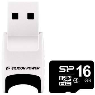 Atmiņas kartes - Silicon Power memory card microSDHC 16GB Class 4 + USB reader SP016GBSTH004V81 - ātri pasūtīt no ražotāja
