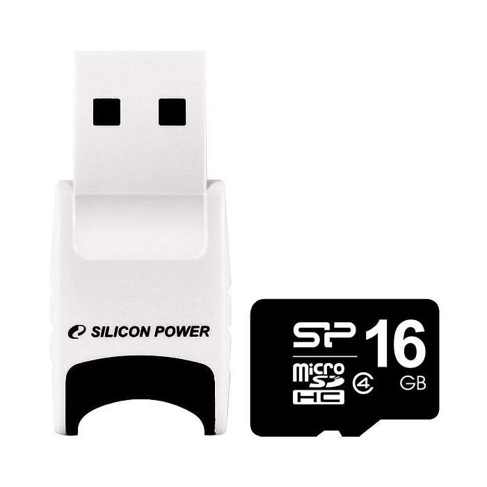 Карты памяти - Silicon Power memory card microSDHC 16GB Class 4 + USB reader SP016GBSTH004V81 - быстрый заказ от производителя
