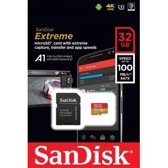 Atmiņas kartes - SanDisk atmiņas karte microSDHC 32GB Extreme V30 A1 + adapteris - perc šodien veikalā un ar piegādi