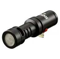 RØDE VideoMic Me-L iPhone Lightning mikrofonis ar zelta savienotāju, sarkano slēdzi un sietu, uz tīra balta fona.RØDE VideoMic Me-L iPhone Lightning mikrofonis ar zelta savienotāju, sarkano slēdzi un sietu, uz tīra balta fona.