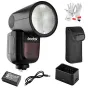 Godox V1 Canon saderīgs gredzenveida zibspuldzes aparāts ar pilnu komplektu: bezvadu 2.4 GHz zibspuldzes galva, baterija, lādētājs, cimdi un aizsargmaciņš, redzams no dažādiem leņķiem