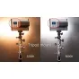 Bresser PT 15B LED bi‑color light mounted on a tripod, displaying 32 (3200K) and 56 (5600K) on its digital panel, highlighting adjustable color temperature and vertical/horizontal mounting.