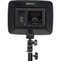 Back view of the Bresser BR‑F36B 36 W bi‑color LED panel, showing the battery compartment, power button, colour temperature dial and cold‑shoe mount on a tripod