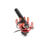 Rode VideoMic NTG supercardioid microphone with Rycote Lyre shock mount and USB-C charging port in professional red and black design