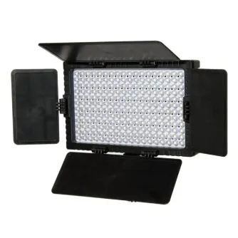 Falcon Eyes Bi-Color LED Lamp Set Dimmable DV-216VC-K2 with open barn doors and bottom flap, showing the LED panel and included battery accessories