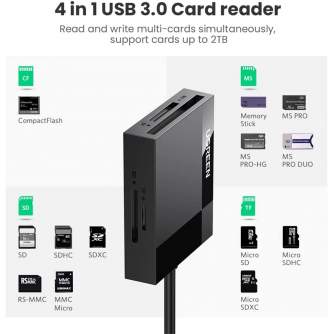 Vairs neražo - UGREEN CR125 4-in-1 USB 3.0 card reader 0.5m (TF, CF, SD, MS)