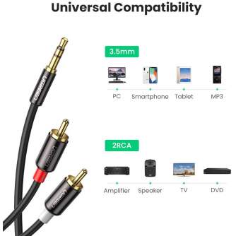 Vairs neražo - UGREEN 3.5mm male to 2 RCA male cable 2m (black) 10584