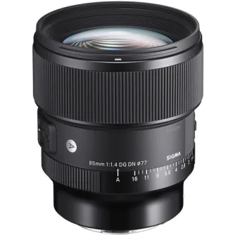 Sigma 85mm f/1.4 DG DN Art lens for Sony E-mount with de-clickable aperture ring and weather-sealed construction, showcasing front view with 11-blade circular diaphragm