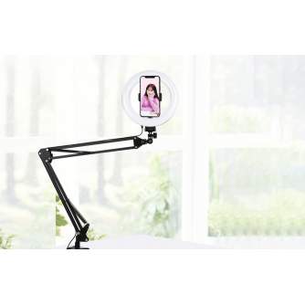 LED кольцевая лампа - Puluz Foldable arm stand + 8 inch 20cm bi-color LED Ring Vlogging Video Light Live PKT3089B - быстрый зака