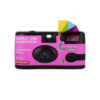 Lomography Simple Use Film Camera preloaded with exclusive Lomochrome Purple 400 ISO film, featuring vibrant purple hues and built-in color gel flash filters for creative photography