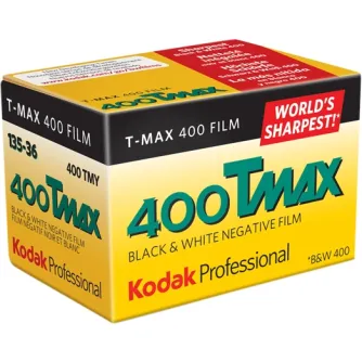 Kodak Professional T-MAX 400 ISO 35mm black and white film roll, 36 exposures, in original packaging with sharpness claim and fine grain emulsion details