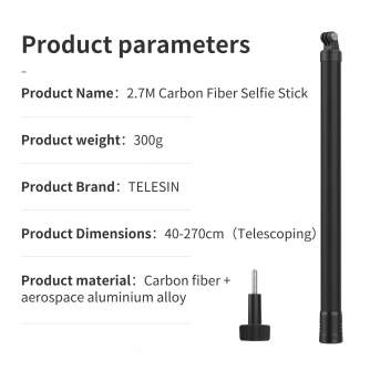 Аксессуары для экшн-камер - Telesin Ultra Light no bending Carbon Fibre 3M Selfie stick - купить сегодня в магазине и с доставко