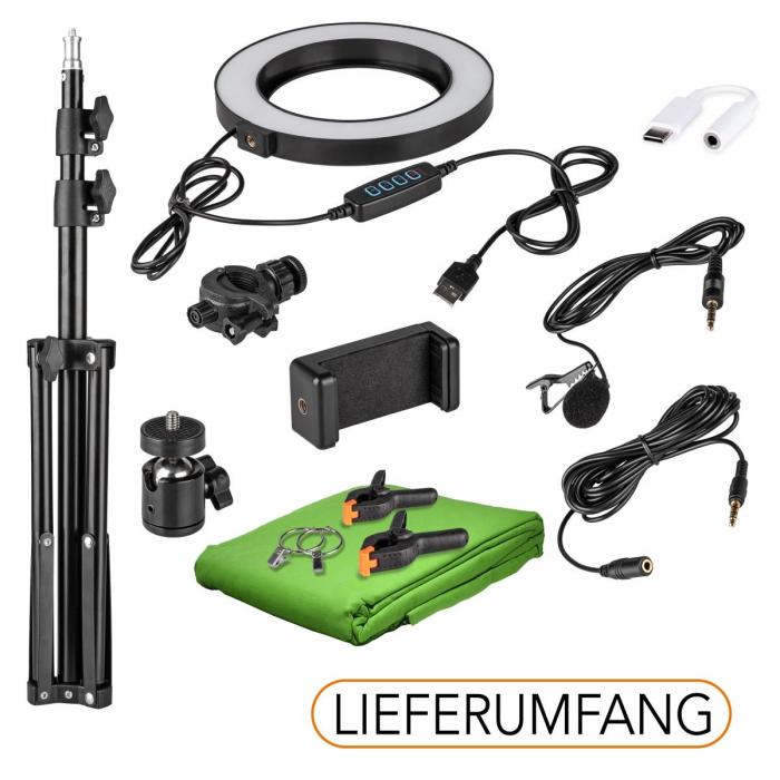 LED кольцевая лампа - HomeStudio Starter-Kit Ring Light phone holder tripod microphone levalier USB-C adapter green chromakey ba