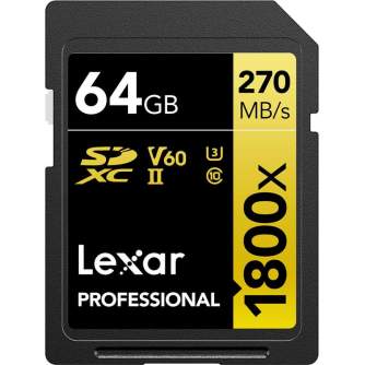 Atmiņas kartes - LEXAR Pro 1800x SDXC U3 (V60) UHS-II R270/W180 64GB - perc šodien veikalā un ar piegādi