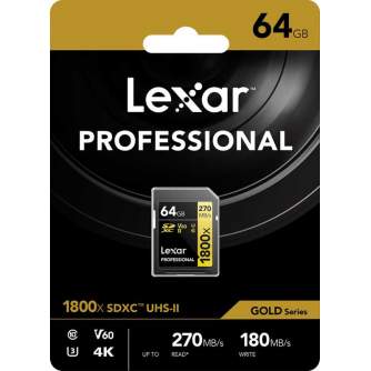 Atmiņas kartes - LEXAR Pro 1800x SDXC U3 (V60) UHS-II R270/W180 64GB - perc šodien veikalā un ar piegādi