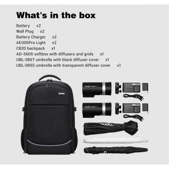 Zibspuldzes ar akumulatoru - Godox AD300PRO 2 flashes backpack kit with umbrellas and softbox - perc šodien veikalā un ar piegādi