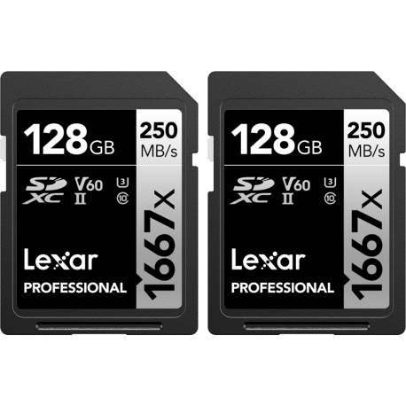 Atmiņas kartes - LEXAR PRO 1667X SDXC UHS II U3 V60 R250 W120 128G 2PACK LSD1667128G-B2NNG - perc šodien veikalā un ar piegādi
