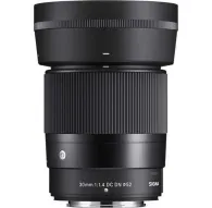 Sigma 30mm f/1.4 DC DN Contemporary lens for Fujifilm X-mount, front view showing black barrel design, f/1.4 aperture, 52mm filter thread, and rounded 9-blade diaphragmSigma 30mm f/1.4 DC DN Contemporary lens for Fujifilm X-mount, front view showing black barrel design, f/1.4 aperture, 52mm filter thread, and rounded 9-blade diaphragm
