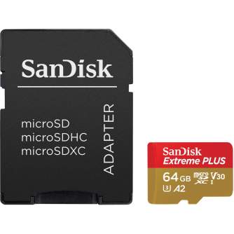 Vairs neražo - SanDisk atmiņas karte microSDXC 64GB Extreme Plus V30 A2 + adapteris SDSQXBZ-064G-GN6MA