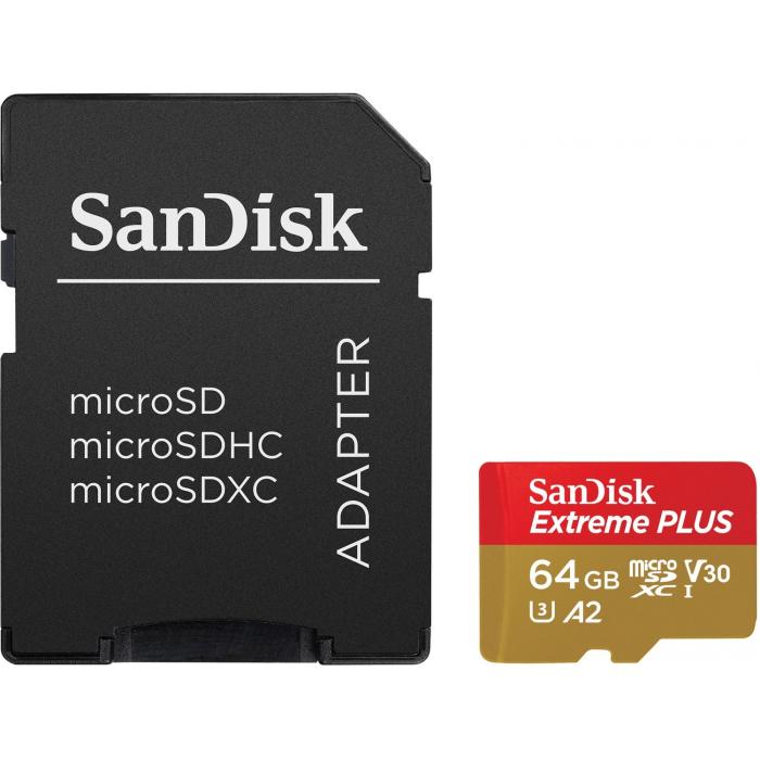 Vairs neražo - SanDisk atmiņas karte microSDXC 64GB Extreme Plus V30 A2 + adapteris SDSQXBZ-064G-GN6MA