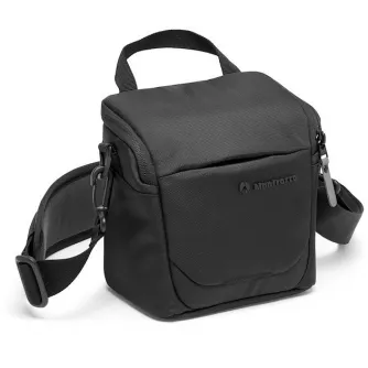 Manfrotto Advanced Shoulder Camera Bag S III black water-resistant shoulder bag with tripod attachment strap and extra compartments for mirrorless camera, lenses, and accessories