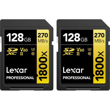 Atmiņas kartes - LEXAR Pro 1800x SDXC U3 (V60) UHS-II R270/W180 128GB - 2 pack - perc šodien veikalā un ar piegādi