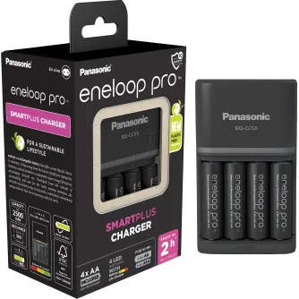 Panasonic Eneloop Pro BQ-CC55 fast charger with 4 pre-charged AA NiMH 2500 mAh batteries, black packaging, front and side view
