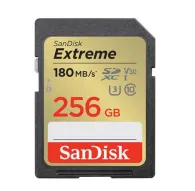 SanDisk Extreme SDXC UHS-I U3 256GB memory card featuring a black and gold design, with 180 MB/s read speed, ideal for 4K UHD video recording and high-speed data transfer.SanDisk Extreme SDXC UHS-I U3 256GB memory card featuring a black and gold design, with 180 MB/s read speed, ideal for 4K UHD video recording and high-speed data transfer.