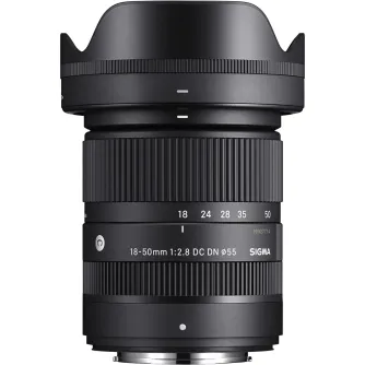 Sigma 18-50mm F2.8 DC DN Contemporary lens for Fujifilm X-Mount with attached LH582-02 lens hood, front view