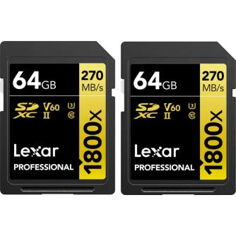 Atmiņas kartes - LEXAR Pro 1800x SDXC U3 (V60) UHS-II R270/W180 64GB - 2 iepakojumi - perc šodien veikalā un ar piegādi