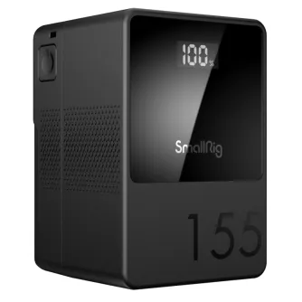 SmallRig VB155 mini V-Mount battery with 100% charge display, featuring USB-C port, intelligent BMS system, and multiple power outputs for cameras and devices