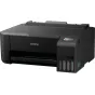 Black Epson EcoTank L8180 printer with visible ink tanks labeled BK, Y, M, C, rear paper tray, and control panel with power button.