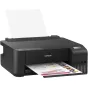 Epson EcoTank L8180 A3+ inkjet printer with Wi-Fi, black body, front view showing ink bottles and a colorful printed sheet