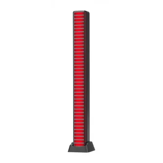 Redleaf 32LED 3D RGB Equalizer black panel with red illuminated horizontal LEDs, front view on a black base, part of LED RGB lights for content creation