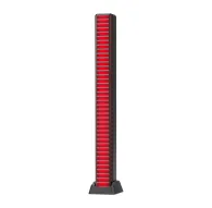 Redleaf 32LED 3D RGB Equalizer black panel with red illuminated horizontal LEDs, front view on a black base, part of LED RGB lights for content creationRedleaf 32LED 3D RGB Equalizer black panel with red illuminated horizontal LEDs, front view on a black base, part of LED RGB lights for content creation