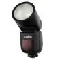 Godox Speedlite V1 Canon Flash with AK-R1 Accessories Kit - Compact on-camera flash featuring a round head, magnetic modifiers, and a wireless X system for studio and video lighting.
