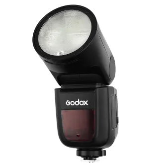 Godox Speedlite V1 Canon Flash with AK-R1 Accessories Kit - Compact on-camera flash featuring a round head, magnetic modifiers, and a wireless X system for studio and video lighting.