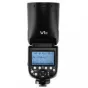Godox Speedlite V1 flash with AK-R1 accessories kit, round head, LCD display, magnetic mount, diffusion ball, color filters, honeycomb grid, snoot, USB charger, and battery