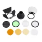 Godox Speedlite V1 AK‑R1 accessories kit displayed, featuring a black barn door grid, snoot, diffusion ball, color gels, honeycomb grid, mesh filter, and mounting ring.