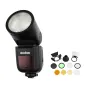 Godox Speedlite V1 flash with AK-R1 accessories kit, featuring a round head, magnetic mount, and a set of diffusion ball, honeycomb grid, snoot, color gels, and reflector.