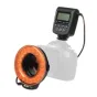 Meike FC-110 ring flash with orange filter attached to a Canon EOS camera, featuring 18 LEDs and 7 adapter rings for close‑up, macro and portrait photography.