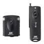 JJC JM-J (II) wireless remote control set with 50m range, featuring a camera hot-shoe receiver and a handheld transmitter with antenna, ideal for Olympus and other cameras.