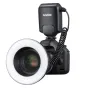 Godox ML150II Macro Ring Flash with coiled cable attached to camera lens and white ring diffuser for macro photography