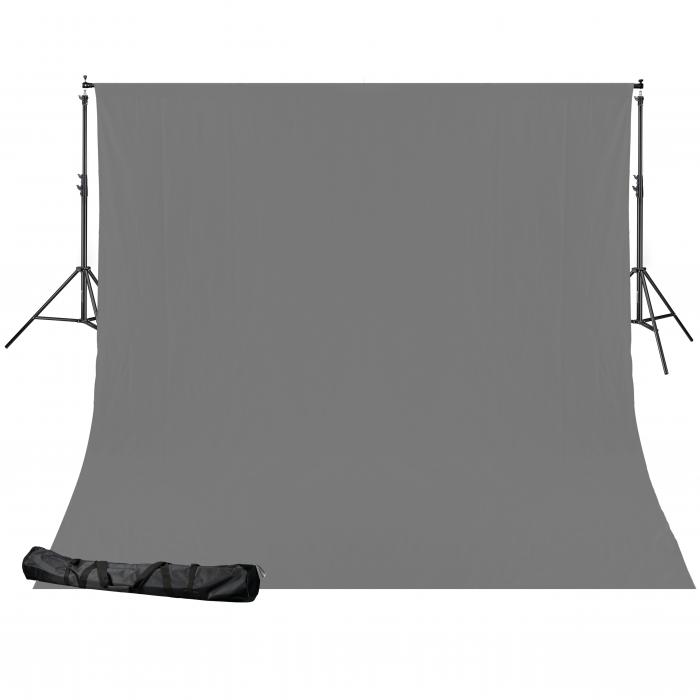 Background Set with Holder - BRESSER BR-D24 Background System + Background Cloth 2,5 x 3m Grey - buy today in store and with delivery