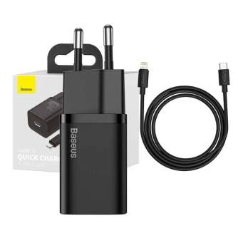 Baterijas, akumulatori un lādētāji - Baseus Super Si Quick Charger 1C 20W with USB-C cable for Lightning 1m (black) - ātri pasūtīt no ražotāja