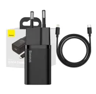 Wall charger - Baseus Super Si Quick Charger 1C 20W with USB-C cable for Lightning 1m (black) - quick order from manufacturerWall charger - Baseus Super Si Quick Charger 1C 20W with USB-C cable for Lightning 1m (black) - quick order from manufacturer