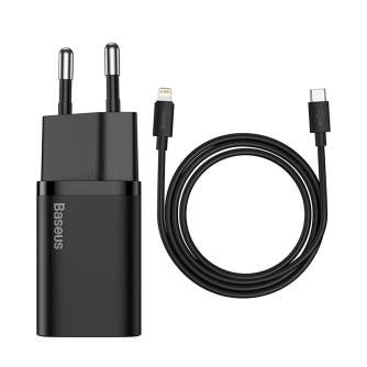 Baterijas, akumulatori un lādētāji - Baseus Super Si Quick Charger 1C 20W with USB-C cable for Lightning 1m (black) - ātri pasūtīt no ražotāja