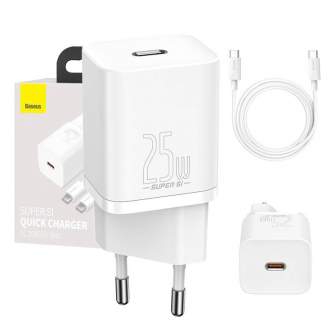 Telefonų, planšetinių kompiuterių ir GPS įkrovikliai - Baseus Super Si Quick Charger 1C 25W with USB-C cable for USB-C 1m (white